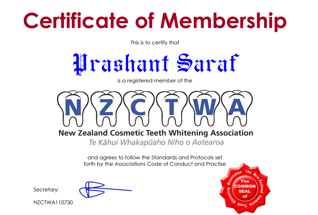 Certificate of NZCTWA Membership Prashant Saraf